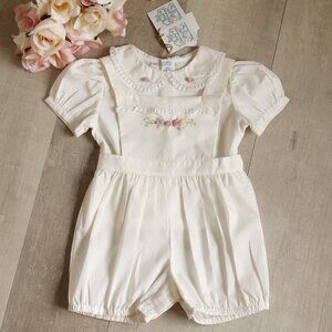 Baby Girls Romper Overall Ivory Butter Yellow Set Feltman Brother Embroidery NWT